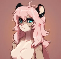 Size: 1280x1239 | Tagged: safe, artist:vensual99, oc, oc only, cheetah, feline, mammal, anthro, :<, breasts, ear piercing, earring, featureless breasts, female, frowning, looking at you, piercing, solo, solo female, teal eyes