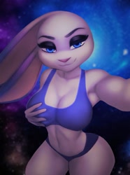 Size: 745x1000 | Tagged: safe, artist:aozee, judy hopps (zootopia), lagomorph, mammal, rabbit, anthro, disney, zootopia, 2021, bedroom eyes, big breasts, bottomwear, breasts, clothes, commission, digital art, ears, eyelashes, female, floppy ears, fur, hand on breast, looking at you, pink nose, selfie, shorts, solo, solo female, sports bra, sports shorts, tail, thighs, wide hips