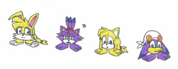 Size: 1585x623 | Tagged: safe, artist:spaton37, blaze the cat (sonic), bunnie rabbot (sonic), wave the swallow (sonic), zooey the fox (sonic), bird, canine, cat, feline, fictional species, fox, goomba (mario), lagomorph, mammal, monster, rabbit, songbird, swallow, feral, semi-anthro, archie sonic the hedgehog, mario (series), sega, sonic boom (series), sonic the hedgehog (series), 2016, crossover, ears, female, females only, goombafied, traditional art