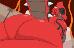 Size: 1000x650 | Tagged: suggestive, artist:evov1, fictional species, groudon, legendary pokémon, anthro, nintendo, pokémon, 2017, animated, big breasts, big butt, blinking, breasts, butt, digital art, female, gif, huge butt, looking at you, looking back, looking back at you, nudity, rear view, sideboob, solo, solo female, thighs, twerking, wide hips