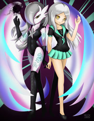 Size: 900x1152 | Tagged: safe, artist:rilexlenov, fictional species, gardevoir, human, mammal, humanoid, nintendo, pokémon, 2016, boots, bottomwear, breasts, clothes, digital art, duo, duo female, ears, eyelashes, female, females only, hair, looking at you, one eye closed, shirt, shoes, skirt, suit, thighs, topwear