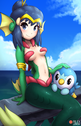 Size: 540x837 | Tagged: suggestive, artist:rilexlenov, equine, fictional species, fish, hippocampus, mammal, piplup, siren, humanoid, nintendo, pokémon, shantae (series), 2019, belly button, breasts, cloud, digital art, duo, generation 4 pokemon, looking at you, ocean, sky, smiling, smiling at you, starter pokémon, water