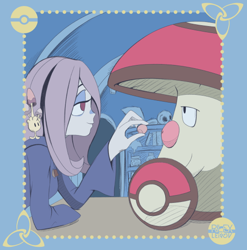 Size: 540x546 | Tagged: safe, artist:rilexlenov, sucy manbavaran (little witch academia), amoonguss, animate fungus, fictional species, mammal, feral, humanoid, little witch academia, nintendo, pokémon, 2019, ambiguous gender, clothes, crossover, digital art, duo, feeding, female, hair, looking at each other, poké ball, witch