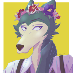 Size: 3000x3000 | Tagged: safe, artist:fabrosaure, legoshi (beastars), canine, mammal, wolf, anthro, beastars, 2021, black nose, clothes, cream body, floppy ears, flower, flower in hair, fur, hair, hair accessory, high res, male, plant, shirt, solo, solo male, topwear