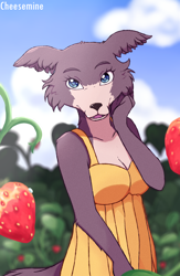 Size: 2600x4000 | Tagged: safe, artist:cheesemine, juno (beastars), canine, mammal, wolf, anthro, beastars, 2020, black nose, blue eyes, clothes, cream body, dress, eyelashes, female, high res, looking at you, solo, solo female