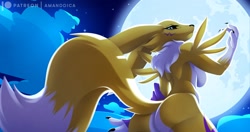 Size: 2882x1516 | Tagged: safe, artist:amanddica, fictional species, renamon, anthro, digimon, 2021, armwear, black nose, black sclera, blue eyes, body markings, breasts, butt, claws, cloud, colored sclera, ears, eyelashes, facial markings, female, fluff, full moon, fur, looking at you, looking back, looking back at you, moon, moonlight, multicolored fur, neck fluff, night, solo, solo female, tail, two toned body, two toned fur, white body, white fur, yellow body, yellow fur