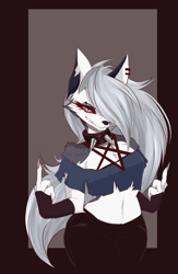 Size: 1500x2300 | Tagged: safe, artist:emeriwatson, loona (vivzmind), canine, fictional species, hellhound, mammal, anthro, hazbin hotel, helluva boss, 2021, arm fluff, black nose, border, bottomwear, breasts, clothes, collar, colored sclera, ear piercing, earring, ears, eyebrow piercing, eyebrows, eyelashes, eyeshadow, fangs, female, fingerless gloves, fluff, fur, gloves, gray body, gray fur, gray hair, hair, hair over one eye, long hair, looking at you, makeup, middle finger, multicolored fur, piercing, red sclera, sharp teeth, shoulder fluff, smiling, smiling at you, solo, solo female, spiked collar, teeth, thick thighs, thighs, topwear, torn clothes, torn ear, vulgar, white body, white eyes, white fur