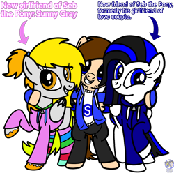 Size: 2874x2846 | Tagged: safe, artist:mrstheartist, oc, oc only, oc:seb the pony, oc:sheila emerald, oc:sunny gray, equine, fictional species, mammal, pegasus, pony, feral, friendship is magic, hasbro, my little pony, base used, bipedal, black outline, clothes, couple, friends, group, high res, hoodie, legwear, looking at you, simple background, socks, striped clothes, striped legwear, sunnyseb (oc), topwear, transparent background, trio