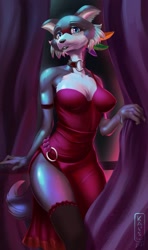 Size: 885x1500 | Tagged: safe, artist:kai_lair, juno (beastars), canine, mammal, wolf, anthro, beastars, 2021, black nose, breasts, cleavage, clothes, cream body, dress, female, lipstick, makeup, side slit, solo, solo female, tail, thick thighs, thighs