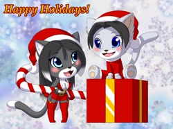 Size: 1280x952 | Tagged: safe, artist:pak009, oc, oc only, oc x oc, oc:amanda, oc:gojiro, cat, feline, mammal, anthro, digitigrade anthro, 2019, black nose, blushing, breasts, candy cane, chibi, christmas, christmas gift, clothes, costume, digital art, dress, duo, ears, eyelashes, female, fur, hair, hat, holiday, looking at each other, male, male/female, open mouth, santa costume, santa dress, santa hat, shipping, tail, thighs, tongue, wide hips