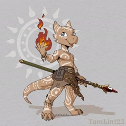 Size: 2048x2048 | Tagged: safe, artist:taborlin123, fictional species, kobold, reptile, anthro, body markings, high res, horns, magic, male, solo, solo male, staff, tail