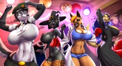 Size: 1280x693 | Tagged: safe, artist:pak009, part of a set, oc, oc only, canine, cat, dog, feline, german shepherd, golden retriever, husky, mammal, anthro, 2018, bedroom eyes, belly button, big breasts, black nose, bottomwear, breasts, clothes, commission, costume, dancing, digital art, ears, eyelashes, female, females only, fur, glasses, hair, halloween, halloween costume, holiday, one eye closed, open mouth, pink nose, sharp teeth, shirt, skirt, smiling, tail, teeth, thighs, tongue, topwear, wide hips