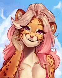 Size: 2402x3000 | Tagged: safe, artist:furlana, oc, oc only, oc:alexandra (velocitycat), cheetah, feline, mammal, anthro, 2021, big breasts, black nose, blonde hair, breasts, bust, cleavage, clothes, cream body, cream fur, ears, eyebrows, eyelashes, female, fur, hair, high res, looking at you, multicolored hair, orange body, orange fur, pink hair, portrait, purple eyes, smiling, smiling at you, solo, solo female, spots, spotted fur, topwear, two toned hair