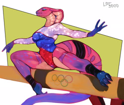 Size: 2089x1771 | Tagged: safe, artist:lbt9000, reptile, snake, anthro, balance beam, clothes, female, gymnastics, hood, leotard, scales, solo, solo female, tail