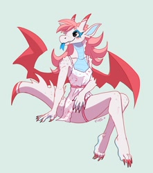 Size: 1132x1280 | Tagged: safe, artist:fivel, dragon, fictional species, anthro, digitigrade anthro, 2021, apron, clothes, female, forked tongue, horns, naked apron, nudity, partial nudity, sitting, smiling, solo, solo female, tail, tongue, tongue out, webbed wings, wings