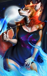 Size: 934x1500 | Tagged: safe, artist:kai_lair, oc, oc only, canine, fox, mammal, anthro, 2021, black nose, claws, clothes, collar, commission, dress, female, glasses, hair, moon, night, red hair, solo, solo female, tail, water