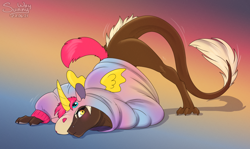 Size: 1200x716 | Tagged: safe, artist:sunny way, oc, oc only, oc:karen dar'lan, alicorn, equine, fictional species, ki'rinaes, kirin, mammal, pony, unicorn, feral, art4week, artwork, clothes, costume, digital art, equis universe, face down ass up, female, funny, horn, jack-o' crouch pose, kigurumi, paws, silly, solo, solo female, wings