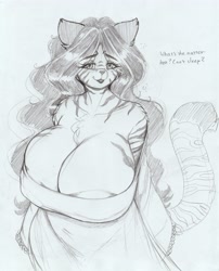 Size: 2434x3011 | Tagged: suggestive, artist:longinius, big cat, feline, mammal, tiger, anthro, areola, areola slip, breasts, cleavage, cleavage fluff, clothes, dress, fluff, high res, huge breasts, sketch, tail, traditional art