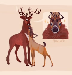 Size: 1130x1171 | Tagged: safe, artist:netchimenrevery, cervid, deer, mammal, feral, antlers, blue eyes, brown body, brown fur, chest fluff, cloven hooves, digital art, duo, duo male, ears, fluff, fur, hooves, interspecies, looking at each other, maedhros (the silmarillion), male, males only, simple background, tail, tan body, tan fur