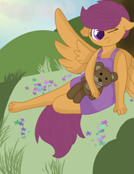 Size: 2153x2786 | Tagged: safe, artist:skyflys, scootaloo (mlp), anthro, plantigrade anthro, friendship is magic, hasbro, my little pony, anthrofied, barefoot, clothes, cute, dress, female, high res, one eye closed, smiling, solo, solo female, teddy bear, winking
