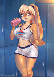 Size: 1712x2412 | Tagged: safe, artist:kiwanoni, lola bunny (looney tunes), lagomorph, mammal, rabbit, anthro, looney tunes, space jam, warner brothers, basketball uniform, bedroom eyes, belly button, big breasts, blonde hair, bottle, bottomwear, breasts, bunny ears, cleavage, clothes, crop top, female, fur, hair, indoors, lidded eyes, locker room, looking at you, midriff, seductive, seductive look, seductive pose, sexy, shorts, slim, smiling, smiling at you, solo, solo female, sweat, sweatdrop, tank top, topwear, white body, white fur