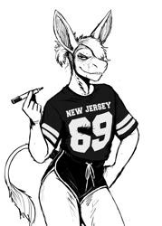 Size: 1280x1792 | Tagged: safe, artist:stedilnik, oc, donkey, equine, mammal, anthro, 2021, black and white, bottomwear, clothes, digital art, ears, grayscale, hair, jersey, looking at you, male, marker, monochrome, new jersey, pants, posing, shorts, simple background, solo, solo male, standing, tail, tail tuft, white background