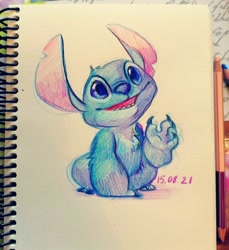 Size: 1466x1600 | Tagged: safe, artist:creesa, stitch (lilo & stitch), alien, experiment (lilo & stitch), fictional species, disney, lilo & stitch, 2021, 4 fingers, blue body, blue eyes, blue fur, blue nose, chest fluff, ears, fluff, fur, head fluff, irl, looking up, male, open mouth, open smile, photo, photographed artwork, smiling, solo, solo male, torn ear, traditional art
