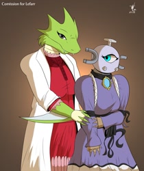 Size: 1075x1280 | Tagged: safe, artist:wolzard, fictional species, magnemite, scyther, anthro, nintendo, pokémon, 2018, breasts, clothes, commission, digital art, dress, duo, duo female, ears, eyelashes, female, females only, looking at you, one eye, simple background, tail, thighs, wide hips