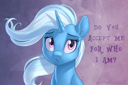 Size: 675x450 | Tagged: safe, artist:brianblackberry, trixie (mlp), equine, fictional species, mammal, pony, unicorn, feral, friendship is magic, hasbro, my little pony, 2021, blue body, blue fur, blue hair, blue mane, cute, dialogue, ear fluff, eyebrows, eyelashes, female, fluff, fur, hair, horn, looking at you, mane, mare, multicolored hair, pink eyes, solo, solo female, talking, talking to viewer, two toned hair, white hair, white mane