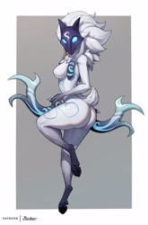 Size: 1897x2870 | Tagged: safe, artist:ruribec, kindred (league of legends), bovid, caprine, lamb, mammal, sheep, anthro, league of legends, 2021, arm fluff, big breasts, big butt, body markings, bow (weapon), breasts, butt, chest fluff, dewclaw, featureless breasts, female, fluff, fur, hair, hooves, long ears, looking at you, mask, short tail, shoulder fluff, solo, solo female, tail, tail fluff, thick thighs, thighs, weapon, white body, white fur, white hair