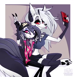 Size: 900x918 | Tagged: safe, artist:creaturecandies, loona (vivzmind), octavia (vivzmind), bird, bird of prey, canine, demon, fictional species, hellhound, mammal, owl, anthro, digitigrade anthro, hazbin hotel, helluva boss, 2020, beak, black hair, black nose, blep, border, bottomwear, breasts, cell phone, claws, clothes, collar, colored sclera, duo, duo female, ear fluff, ear piercing, earring, ears, eyebrows, eyelashes, eyeshadow, feathers, female, females only, fingerless gloves, fluff, fur, gloves, gray body, gray feathers, gray fur, hair, headwear, legwear, long hair, makeup, multicolored fur, pants, paws, phone, piercing, red sclera, selfie, shirt, shoulder fluff, smartphone, smiling, spiked collar, tail, tail feathers, tail fluff, teenager, thigh highs, thighs, toeless legwear, tongue, tongue out, topwear, torn clothes, torn ear, underpaw, white body, white border, white eyes, white fur, white hair