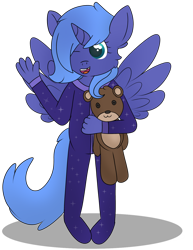 Size: 1024x1326 | Tagged: safe, artist:skyflys, princess luna (mlp), alicorn, equine, fictional species, mammal, pony, anthro, plantigrade anthro, friendship is magic, hasbro, my little pony, anthrofied, female, footed pajamas, footie pajamas, onesie, pajamas, solo, solo female, teddy bear, woona, young, younger