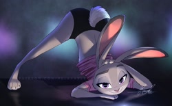 Size: 2048x1268 | Tagged: safe, artist:relaxableart, judy hopps (zootopia), lagomorph, mammal, rabbit, anthro, disney, zootopia, 2021, arm fluff, bottomwear, butt, cheek fluff, claws, clothes, ear fluff, eyebrows, eyelashes, face down ass up, female, fluff, fur, gray body, gray fur, hand on head, jack-o' crouch pose, long ears, looking at you, meme, multicolored fur, paws, purple eyes, shirt, short tail, shorts, smiling, smiling at you, solo, solo female, tail, tail fluff, topwear, two toned body, two toned fur, white body, white fur