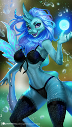 Size: 1125x2000 | Tagged: suggestive, artist:alanscampos, sisu (raya and the last dragon), dragon, eastern dragon, fictional species, anthro, disney, raya and the last dragon, 2021, 9:16, aquatic dragon, blue body, blue hair, blue mane, bra, breasts, bubble, clothes, dragoness, eyebrows, eyelashes, female, hair, horns, legwear, lingerie, mane, multicolored body, open mouth, open smile, panties, phone, purple eyes, smiling, solo, solo female, tail, teeth, thigh highs, thighs, tongue, underwear