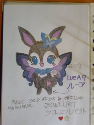 Size: 1560x2080 | Tagged: safe, artist:ruinardkevin, luea (jewelpet), lagomorph, mammal, rabbit, semi-anthro, jewelpet (sanrio), sanrio, blutterfly, butterfly wings, ears, female, irl, photo, photographed artwork, solo, solo female, traditional art
