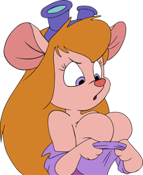 Size: 4000x4894 | Tagged: suggestive, artist:lonbluewolf, colorist:flightfeatherstudio, edit, gadget hackwrench (chip 'n dale: rescue rangers), mammal, mouse, rodent, anthro, chip 'n dale: rescue rangers, disney, trace, absurd resolution, breasts, color edit, female, murine, purple eyes, simple background, transparent background