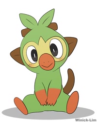 Size: 1024x1280 | Tagged: safe, artist:winick-lim, fictional species, grookey, mammal, monkey, primate, feral, nintendo, pokémon, 2019, ambiguous gender, blushing, digital art, ears, fur, hair, looking at you, on model, simple background, sitting, solo, solo ambiguous, starter pokémon, stick, tail, white background
