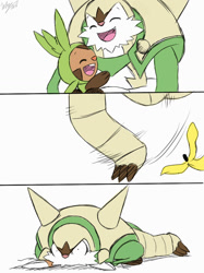 Size: 800x1067 | Tagged: safe, artist:winick-lim, chesnaught, chespin, fictional species, feral, nintendo, pokémon, 2016, 2020, banana peel, comic, digital art, duo, duo male, ears, eyes closed, father, father and child, father and son, fur, hair, male, males only, on model, open mouth, ouch, shrunken pupils, simple background, slipping, smashed, son, starter pokémon, tail, this will end in pain, tongue, white background