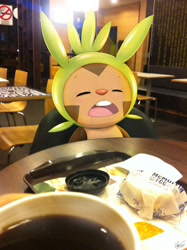 Size: 800x1071 | Tagged: safe, artist:winick-lim, chespin, fictional species, feral, nintendo, pokémon, 2016, ambiguous gender, chair, commission, digital art, ears, eyes closed, food, fur, hair, on model, open mouth, sandwich, simple background, sitting, sleeping, solo, solo ambiguous, starter pokémon, tail, tongue, white background