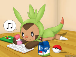 Size: 800x600 | Tagged: safe, artist:winick-lim, chespin, fictional species, feral, nintendo, pokémon, 2017, ambiguous gender, claws, crayons, digital art, ears, fur, hair, lying down, on model, simple background, smiling, solo, solo ambiguous, speech bubble, starter pokémon, tail, white background