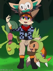 Size: 960x1280 | Tagged: safe, artist:winick-lim, oc, canine, chespin, fictional species, fox, mammal, rowlet, treecko, feral, nintendo, pokémon, 2019, ambiguous gender, clothes, commission, digital art, ears, fur, hair, male, on model, open mouth, starter pokémon, tail, tongue