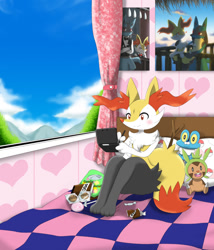 Size: 800x934 | Tagged: safe, artist:winick-lim, braixen, chespin, fictional species, froakie, lucario, mammal, nintendo, nintendo ds, pokémon, ambiguous gender, bed, blushing, candy, cloud, digital art, ears, food, fur, hair, on model, open mouth, pillow, plushie, poster, sitting, sky, solo, solo ambiguous, starter pokémon, tail, tongue, window