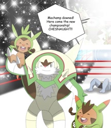 Size: 1105x1280 | Tagged: safe, artist:winick-lim, chesnaught, chespin, fictional species, machamp, feral, nintendo, pokémon, 2013, dialogue, digital art, ears, eyes closed, father, father and child, father and son, female, fur, hair, looking at you, male, mother, mother and child, mother and son, on model, one eye closed, open mouth, quilladin, son, speech bubble, starter pokémon, tail, talking, text, tongue, wrestling, wrestling ring