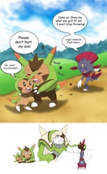 Size: 789x1280 | Tagged: safe, artist:winick-lim, chesnaught, chespin, fictional species, weavile, feral, nintendo, pokémon, 2013, angry, comic, cross-popping veins, dialogue, digital art, ears, eyes closed, father, father and child, father and son, female, fur, hair, looking at you, male, mother, mother and child, mother and son, on model, open mouth, quilladin, revenge, son, speech bubble, starter pokémon, tail, talking, text, tongue