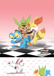 Size: 905x1280 | Tagged: safe, artist:winick-lim, chespin, eeveelution, fennekin, fictional species, froakie, mammal, sylveon, feral, nintendo, pokémon, 2013, ambiguous gender, cake, comic, digital art, ears, eating, eyes closed, fighting, food, fur, heart, open mouth, speech bubble, starter pokémon, tail, tears, this will not end well, tongue