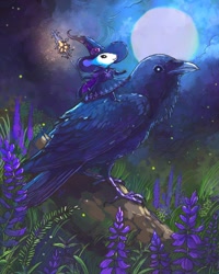 Size: 1000x1250 | Tagged: safe, artist:jramseyi, bird, corvid, mammal, mouse, raven, rodent, songbird, anthro, feral, clothes, feathered wings, feathers, full moon, hat, moon, night, size difference, wings, witch, witch hat