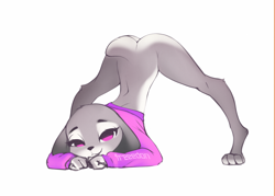Size: 2800x2000 | Tagged: suggestive, artist:freeedon, judy hopps (zootopia), lagomorph, mammal, rabbit, anthro, disney, zootopia, bottomless, butt, clothes, ears, face down ass up, female, fur, gray body, gray fur, high res, jack-o' crouch pose, jacket, looking at you, magenta eyes, nudity, partial nudity, paws, short tail, simple background, solo, solo female, tail, topwear, white background