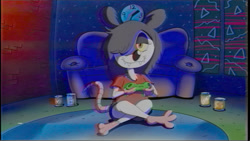 Size: 1280x720 | Tagged: safe, artist:rockosedits, mammal, rat, rodent, anthro, nickelodeon, rocko's modern life, 2021, amber eyes, barefoot, bottomwear, clock, clothes, controller, couch, digital art, ears, fake screenshot, feet, female, fur, gray hair, hair, indoors, looking at you, murine, pants, paws, shirt, shorts, sitting, solo, solo female, tail, teeth, toes, topwear, vaporwave, vhs, white body, white fur