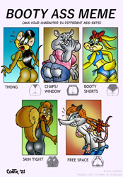 Size: 1280x1834 | Tagged: suggestive, artist:contix, oc, oc:betty bunny, oc:dolores hippo, oc:millie macgragor (contix), oc:molly mouse (contix), oc:shirley squirrel (contix), hippopotamus, lagomorph, mammal, marsupial, mouse, opossum, rabbit, rodent, squirrel, anthro, big butt, bikini, booty ass meme, butt, clothes, female, group, panties, swimsuit, thong