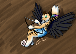 Size: 3147x2240 | Tagged: safe, artist:gyrotech, big cat, feline, mammal, tiger, anthro, arrow, bow, clothes, feathered wings, feathers, female, high res, wings
